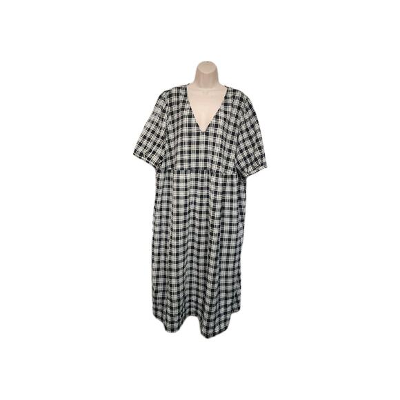 Divided H&M V-Neck Long Maxi Dress Black/White Plaid Puff Short Sleeves Size 3X - Picture 1 of 8